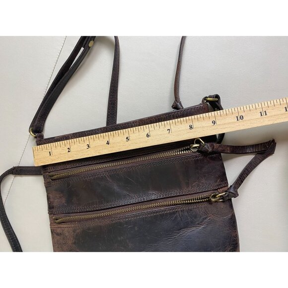 Estalon Brown Leather Crossbody Bag Zip Adjustable Strap OS 9"X 9" Boho Rustic - Picture 5 of 16